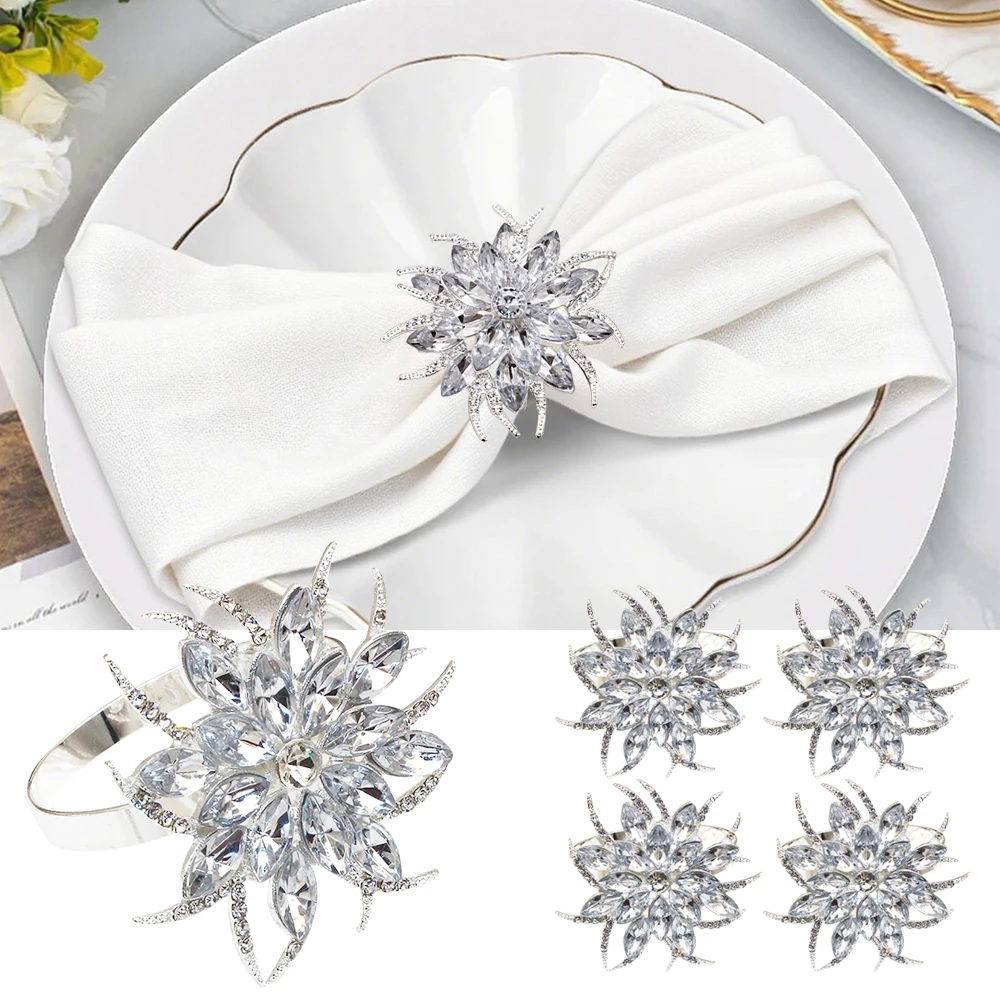 

6Pcs Silver Crystal Lotus Napkin Rings Elegant Metal Napkin Holders Sparkling Flower Design for Asian Wedding Party Table Decor