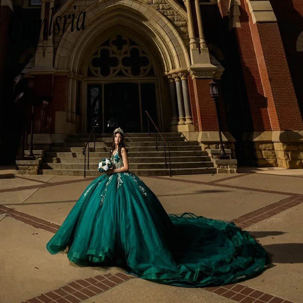 Vestidos Quinceanera com cintas florais de renda, vestido de baile verde escuro, vestido de baile de tule, 16 meninas doces