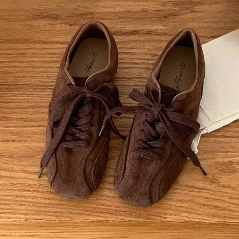 

Suede Retro Lace Up Casual Flat Shoes Women Comfort Shallow Autumn Footwear Female Brown Fashion Brand Ballet Sneakers Women