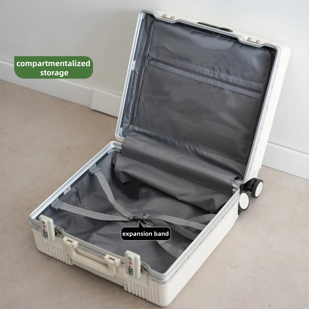 حقيبة سفر بجيب مفتوح من سبائك الألومنيوم بإطار من سبائك الألومنيوم مقاس 18 بوصة حقائب سفر بعجلات مع عجلة دوارة