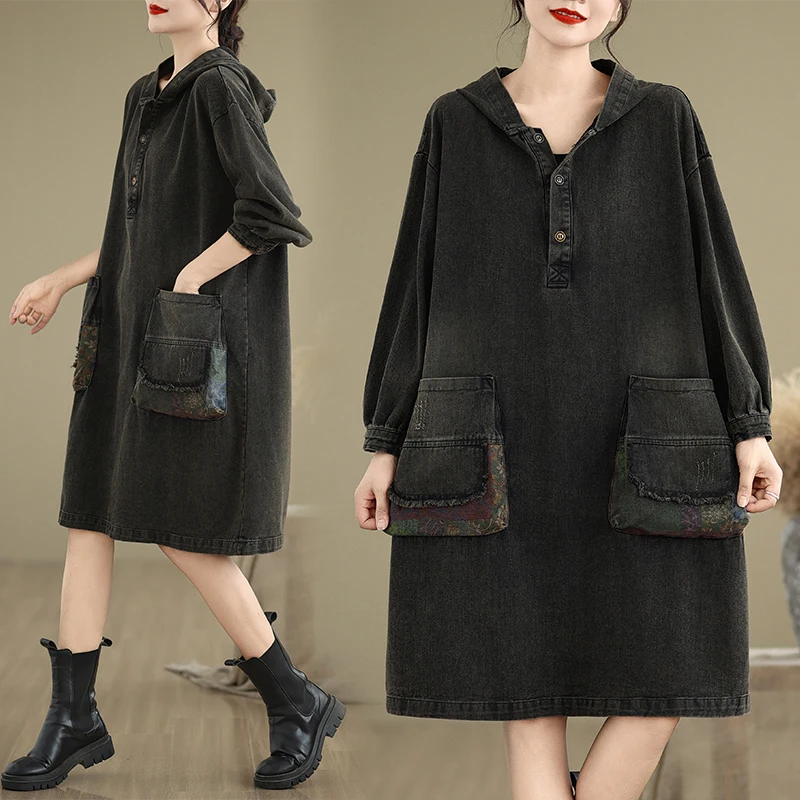 

Retro Patchwork Hat Cowgirl Jaet Women's Loose Long Sve Hooded Mid-Length Coat Autumn Winter New Sle Casual Vintage