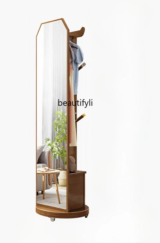 Clothes Rack Floor Bedroom and Modern Light Luxury Rotatable Dressing Mirror Integrated Solid Wood Coat and Hat Rack with Drawer