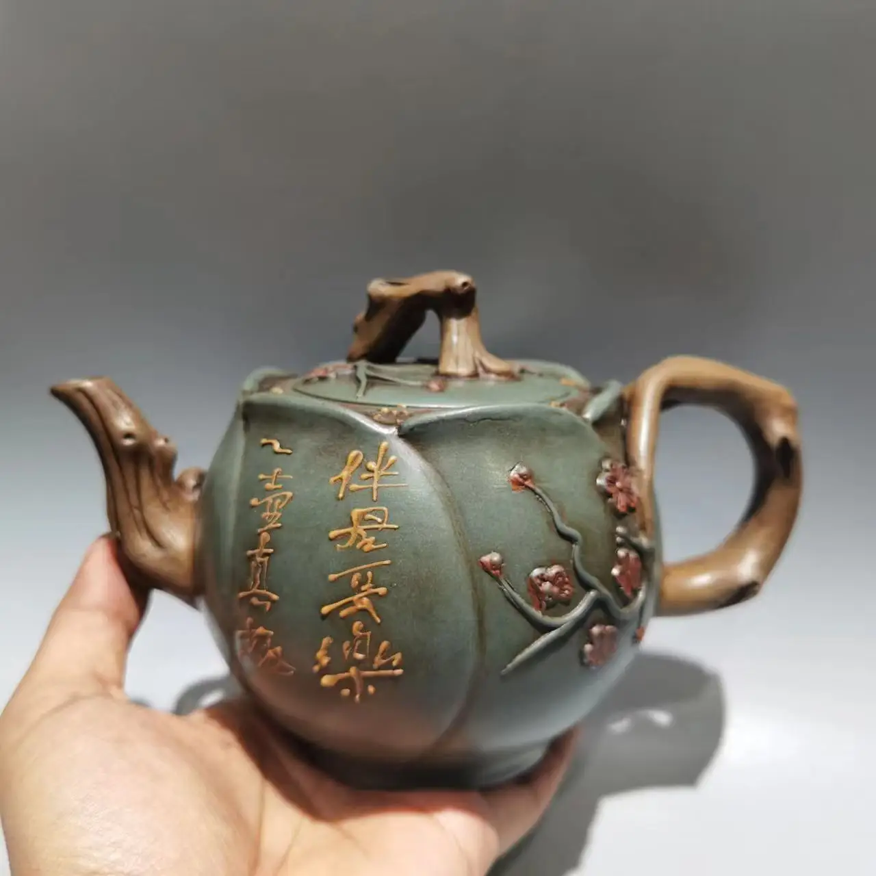 Old Chinese Handcraft Enameled  YiXing Zi Sha Clay  (purple stoneware) Teapot ,Flower,with mark,Free shipping