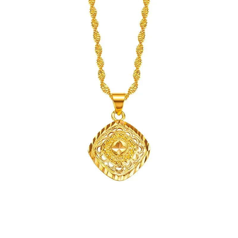 High Quality 999 24K Real Gold Necklace Temperament Womens AU750Diamond Pattern Small Square Pendant Clavicle Necklace