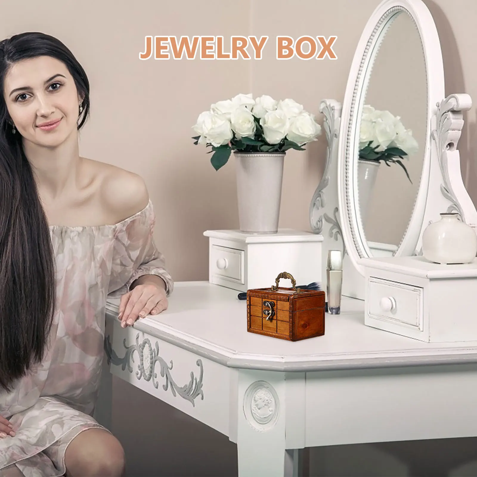 

Vintage Wooden Jewelry Box Trinket Organizer Storage Case Decorative Desktop Holder Multifunctional Portable Chest Household