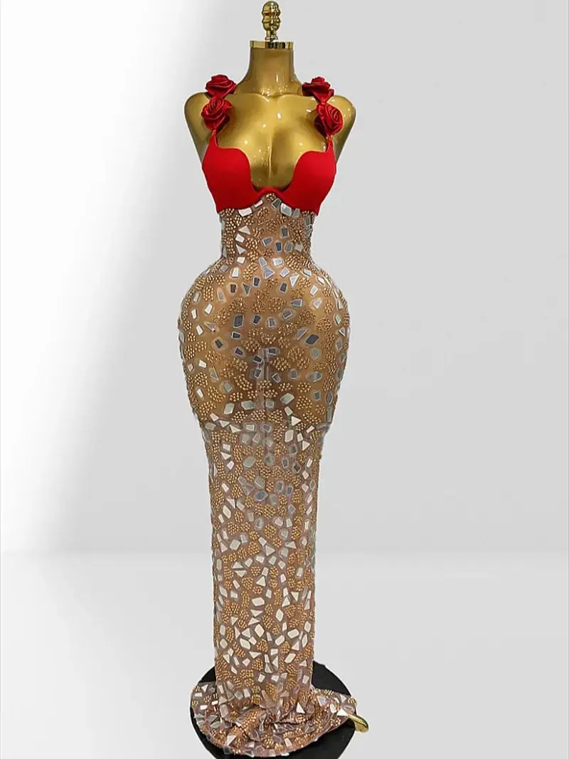 ชุดเดรสยาวตาข่ายโปร่งแสงสีแดงประดับเพชรระยิบระยับ สำหรับงานวันเกิด งานแสดงบนเวที