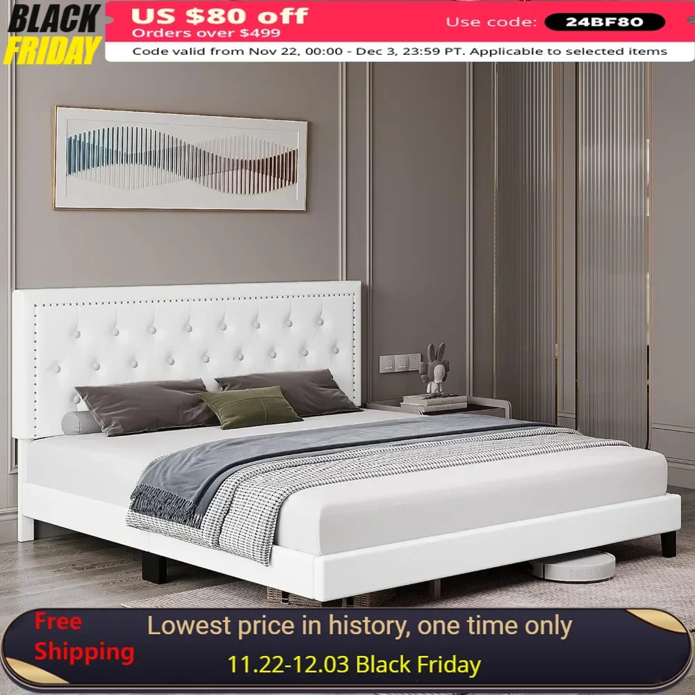 Bedroom furniture: full-size bed frame with adjustable headboard, button-tufted faux leather, upholstered, white