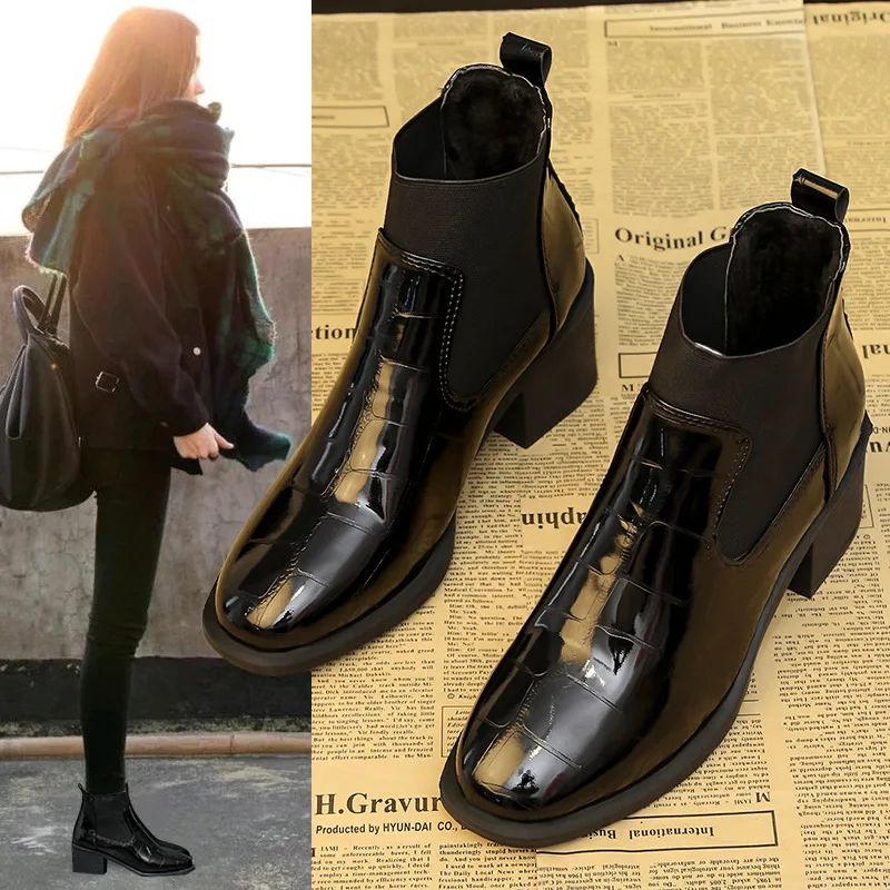 Chelsea Boots Women\'s 2024 Autumn/Winter British Lacquer Leather Mid Heel Boots Round Toe High Heels Shiny Leather Women\'s Boots