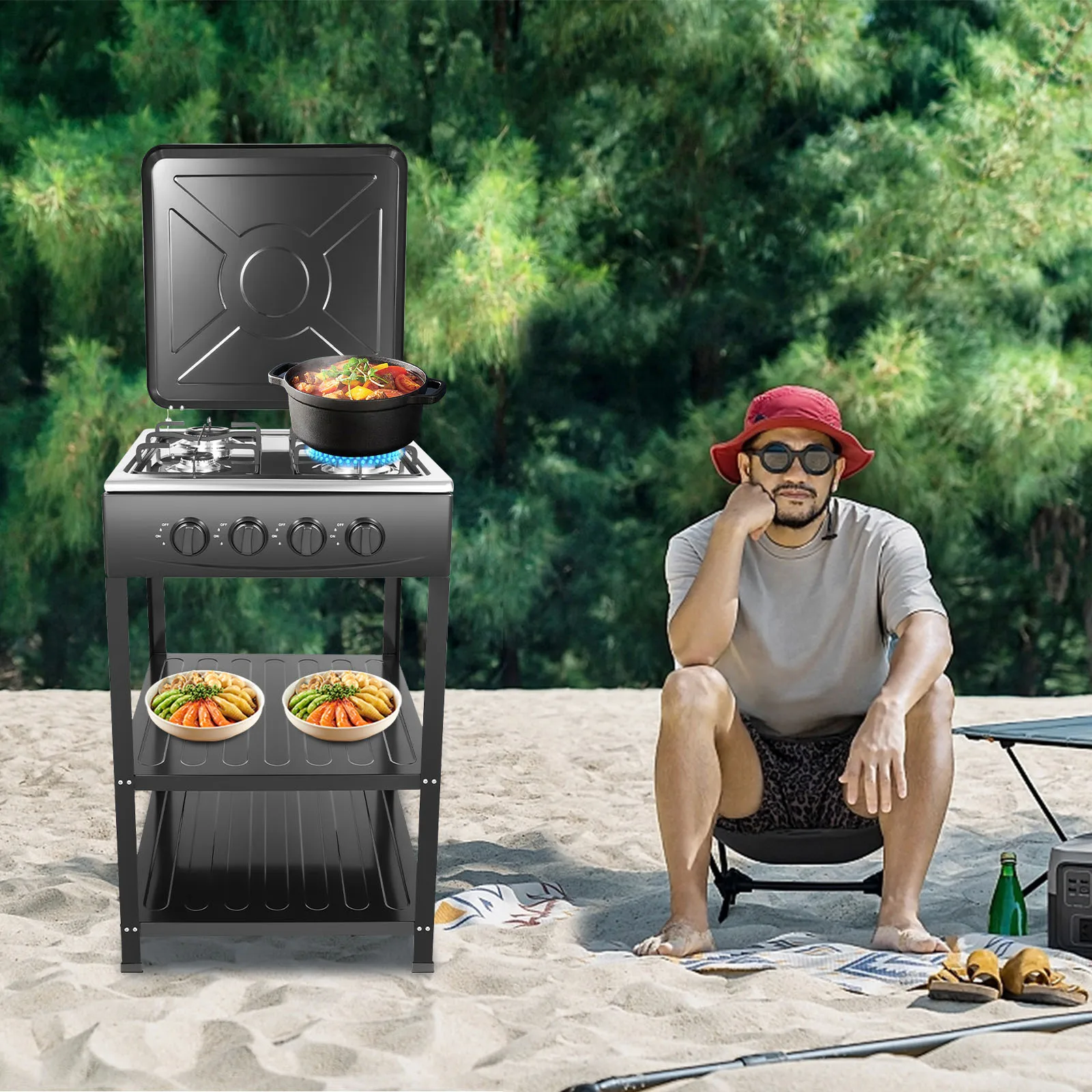 موقد غاز خارجي من الفولاذ المقاوم للصدأ مع 4 حرق 4 * 2.5 كيلو وات، مساحة تخزين من طبقتين، تصميم متعدد الموقد لكل نشاط خارجي