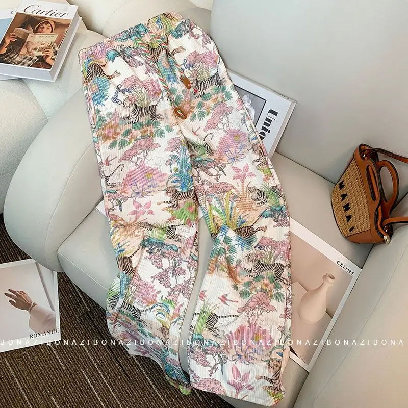 Summer Ice Silk Tiger Print Thin Wide Leg Pants Women Luxury Designer High Waist Straight Pants Bohemian Beach Fashion Pants