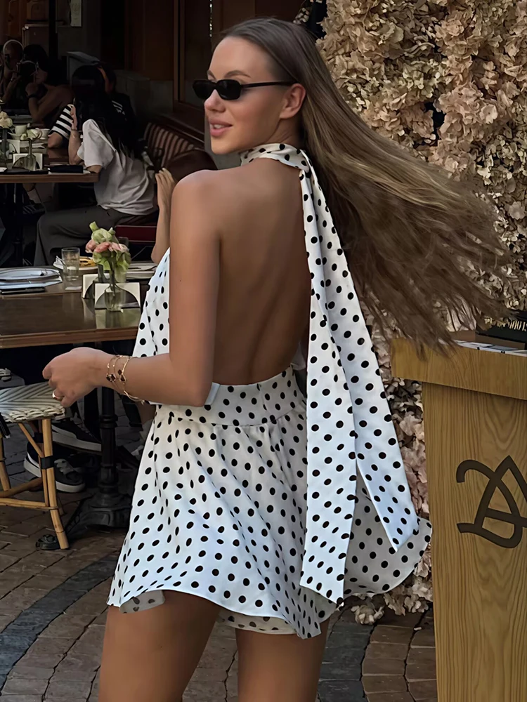 Blifanbo polka dot halter sexy mini vestido para mulher elegante fora do ombro sem mangas sem costas moda a linha clube vestido de festa