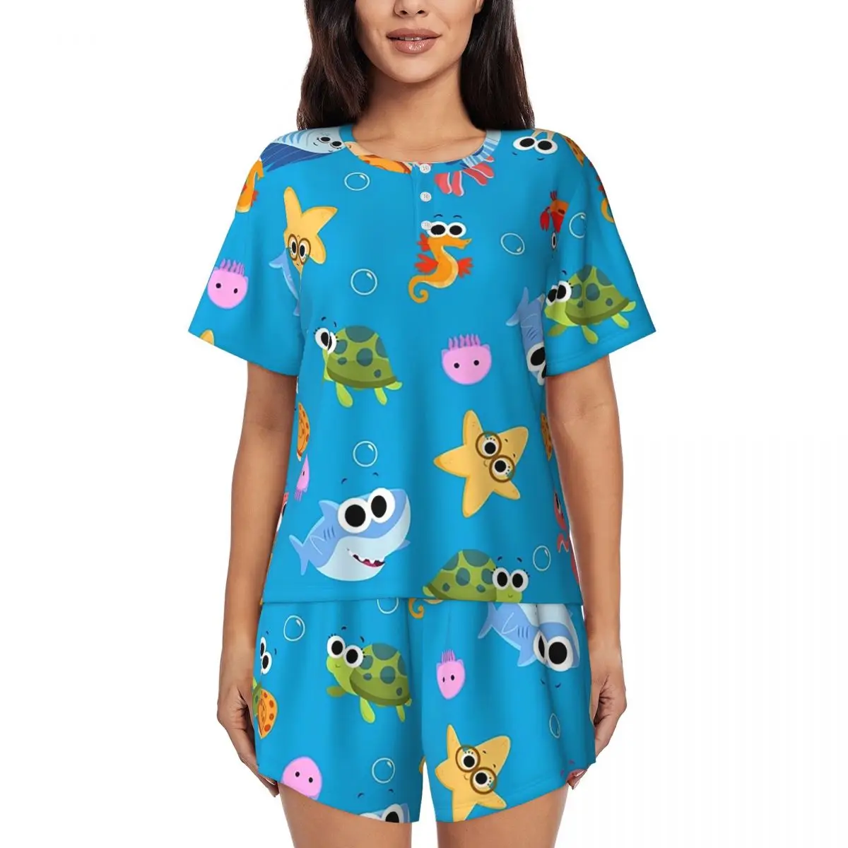 

Finny The Shark Round Neck Short Sleeve Nightgowns for Sleeping Sleepshirts Women Loose Pajama Set Short Pants