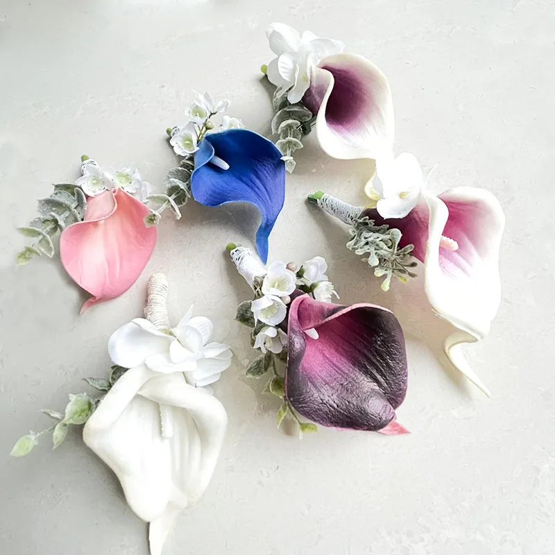 Groom Boutonniere Corsage Wedding Accessories Calla lily Artificial Flowers Buttonhole Men Pins Prom Marriage Brooch Decoration