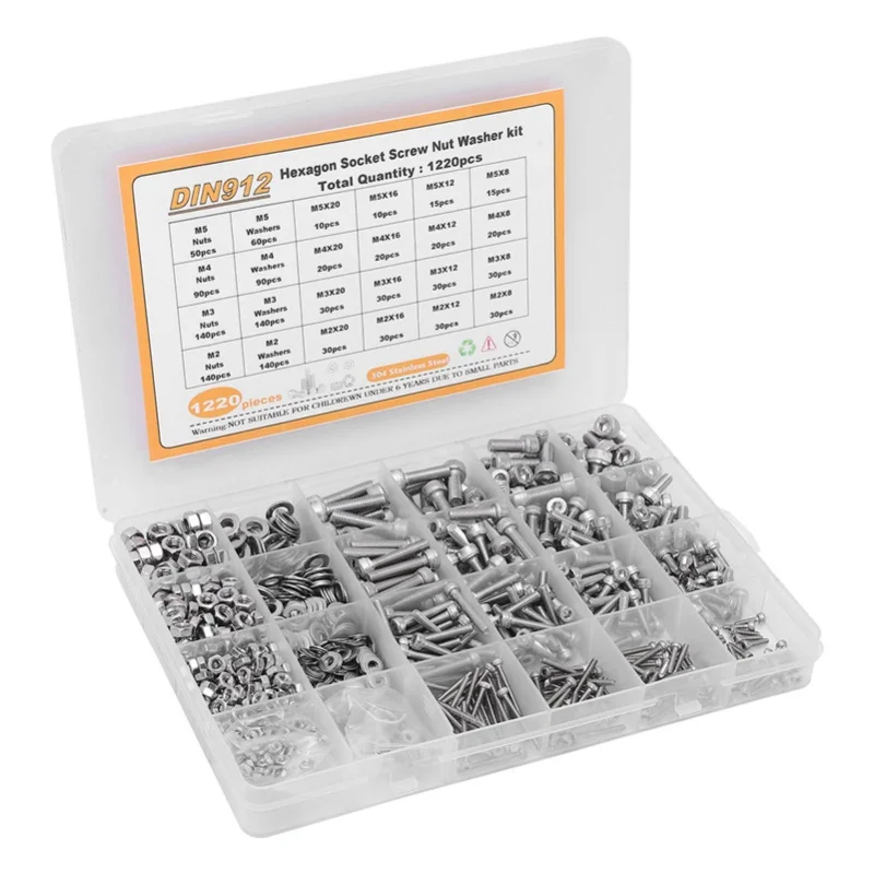 1220Pcs Screw Nut Washer Assortment M2 M3 M4 M5 Round Head Hex Socket Stainless Steel Fastener