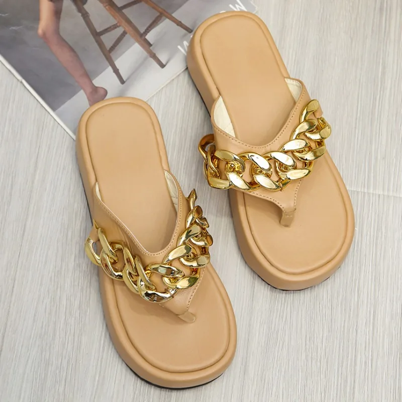 New Women Slippers Fashion Sexy Chain Flip-flops Slip-on Comfort Beach Shoes Platform Flat Sandals Plus Size Zapatillas De Mujer