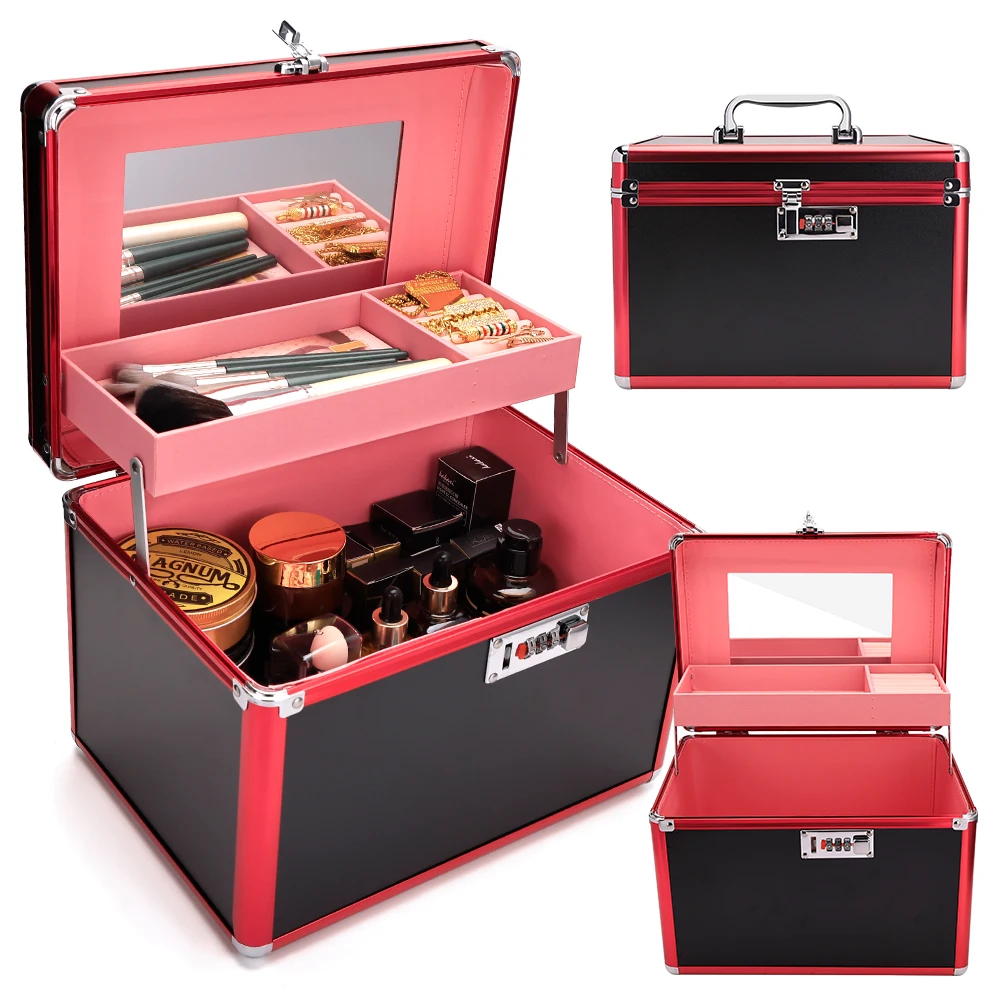 

Travel Makeup Box Red Cosmetic Case with Mirror Durable For Professionals With Lock Large Capacity Makeup Organizer Storage Case