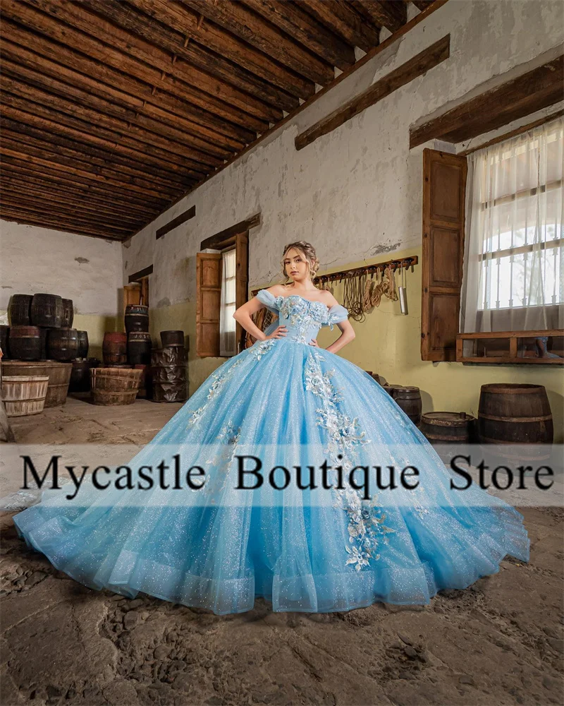 

Sky Blue Appliques Quinceanera Dresses Ball Gown 2025 Off The Shoulder Birthday Dress Lace Up Princess Sweet 16 Dress Customized