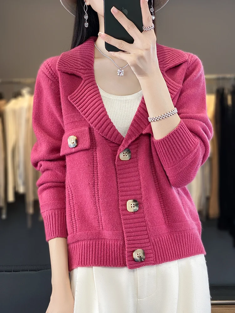 Fashionable slimming and stylish lapel, 100% pure wool cardigan, women\'s 2024 spring new external short sweater jacket