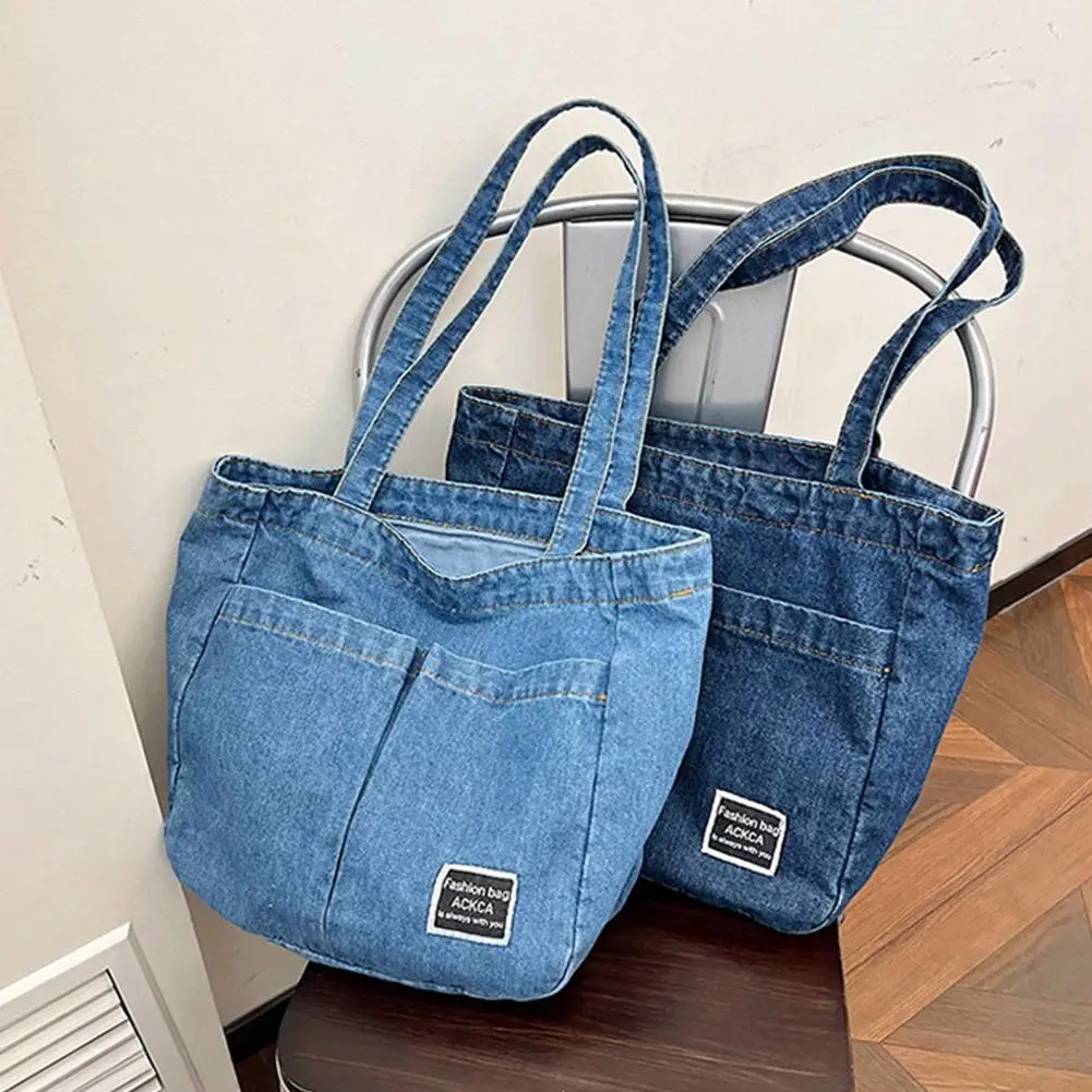 

Vintage Blue Oxford Denim Tote Bag - Large Capacity Korean Style Casual Shoulder Bag for Women