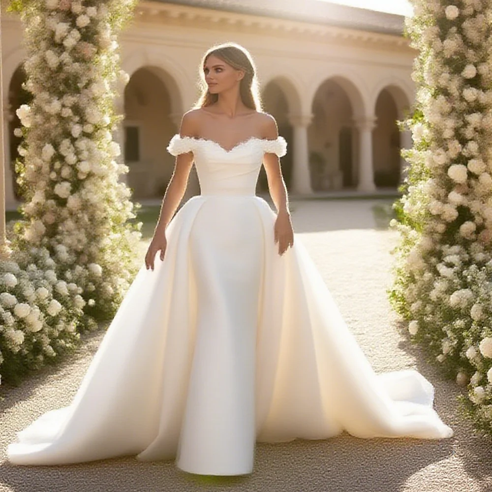 

Customized Sweetheart Neckline Off Shoulder Sleeves Satin Sheath Wedding Dress Lace-up Back Removable Court Train Gown For Bride