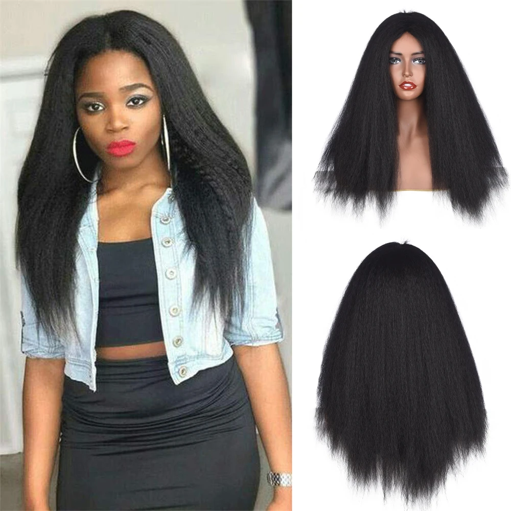 

22inch Black Women Kinky Straight Wigs Yaki wig High-temperature silk chemical fiber wig 150% Density