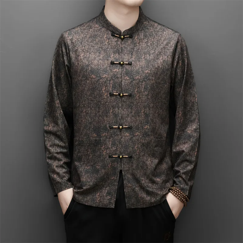 Softness Seamless Shirts For Men Long Sleeve Frog Button Pocket Autumn High-Quality Skin-Friendly Stand Collar Camisas De Hombre