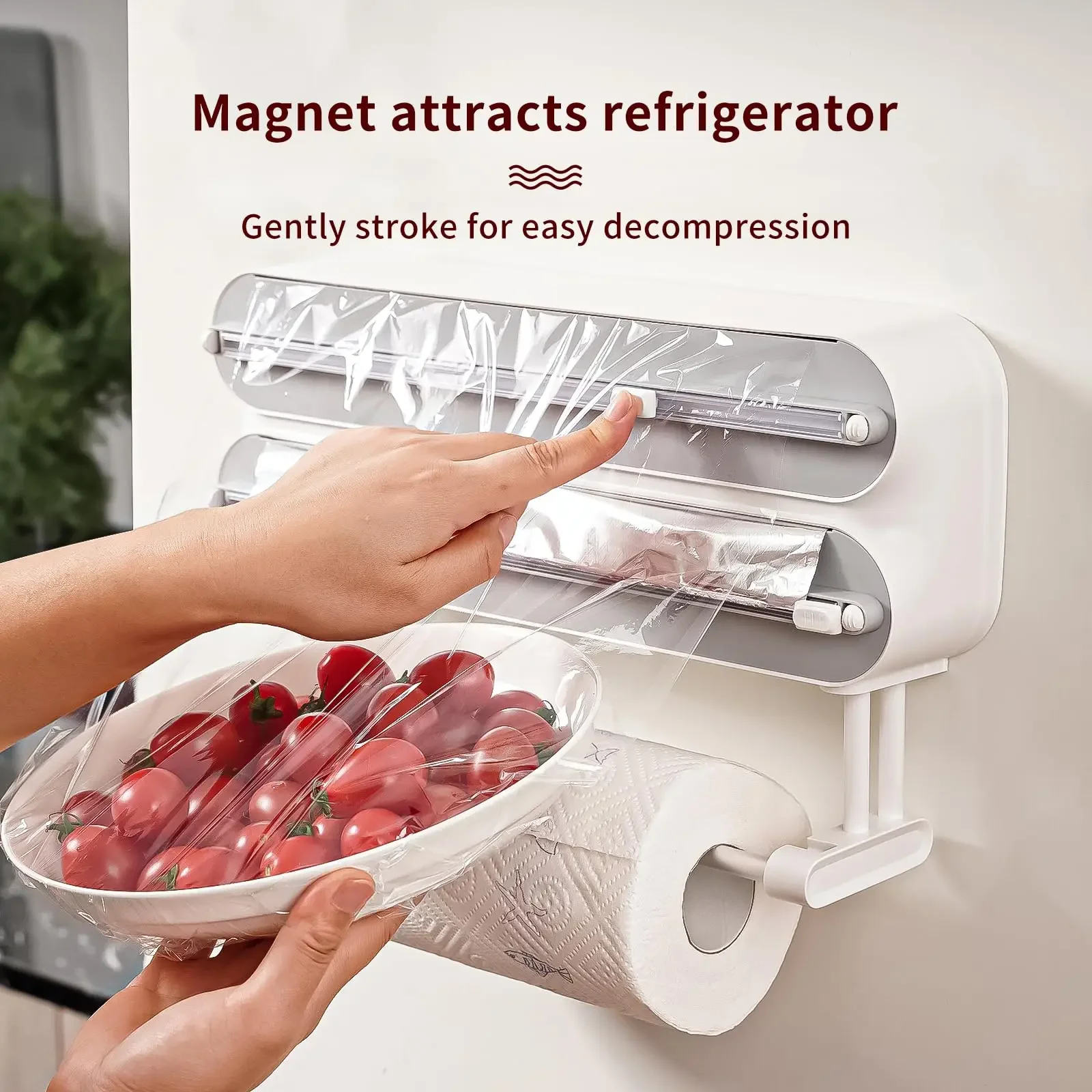 3 in 1 Aluminum Foil and Plastic Wrap Organize Dispenser with Cutter, Magnetic Paper Towel Holder for Fridge