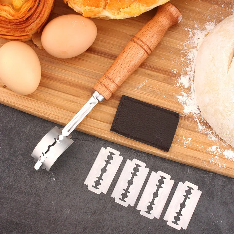 

Dough Bread Pastry Cutter with 5 Blades Toast Curved Baguette Bread Knife Wooden Handle Bakers Baking Accessory Pastry Spatulas