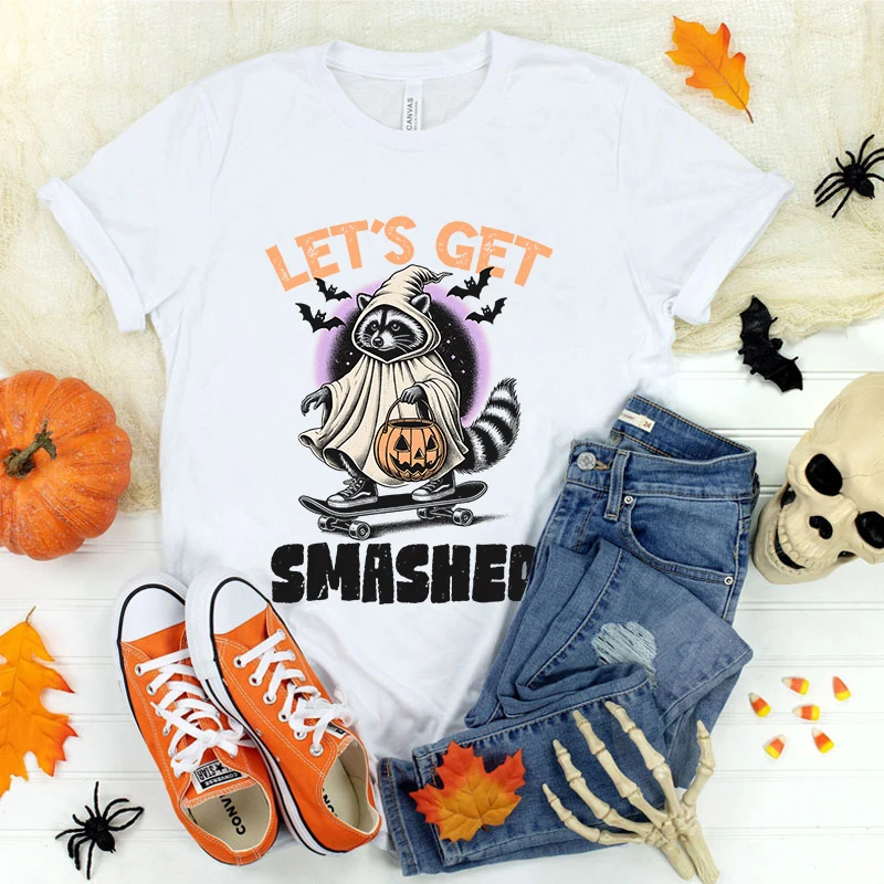 

New Funny Halloween Raccoon Let'S Get Smashed T Shirt Unisex Short Sleeve O Neck Summer Casual Letter Printing T-Shirt Top Tee