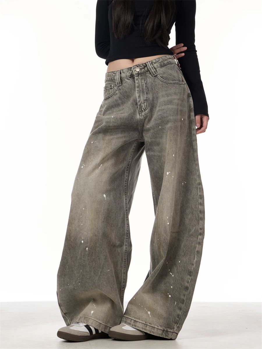 

American Style Splashed Ink Denim Pants Women's Design Sensation High Street Knife Couple's Pants Loose Fit Wide Leg