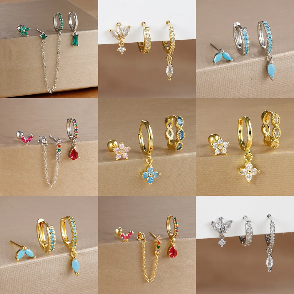 3PCS 9 Styles Gold Plated Geometric Circle Piercing Earrings Set For Women Multicolor Crystal Dangle Earring Statement Jewelry