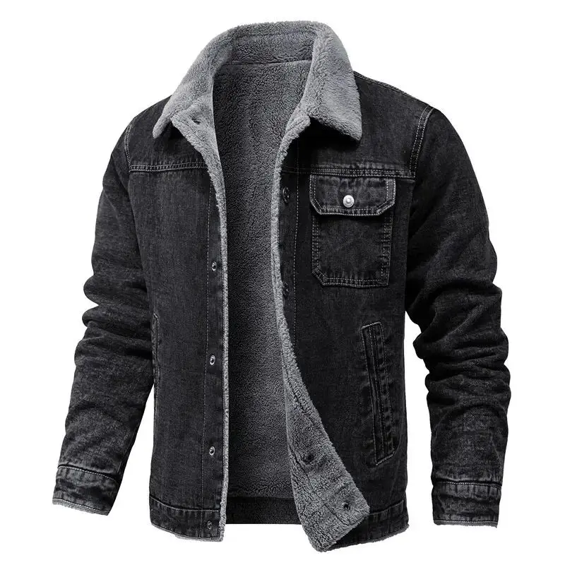 Winter Men's Lapel Lamb Hair Thickened Denim Jacket Long Style Special Wide Fit Youth Trendy Cotton Coat for Men