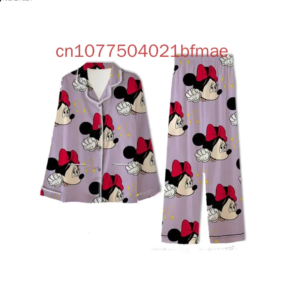 Disney Cute Minnie Mouse Pajamas Set Spring and Summer New Women's Casual Shirt Long Sleeved Pajamas