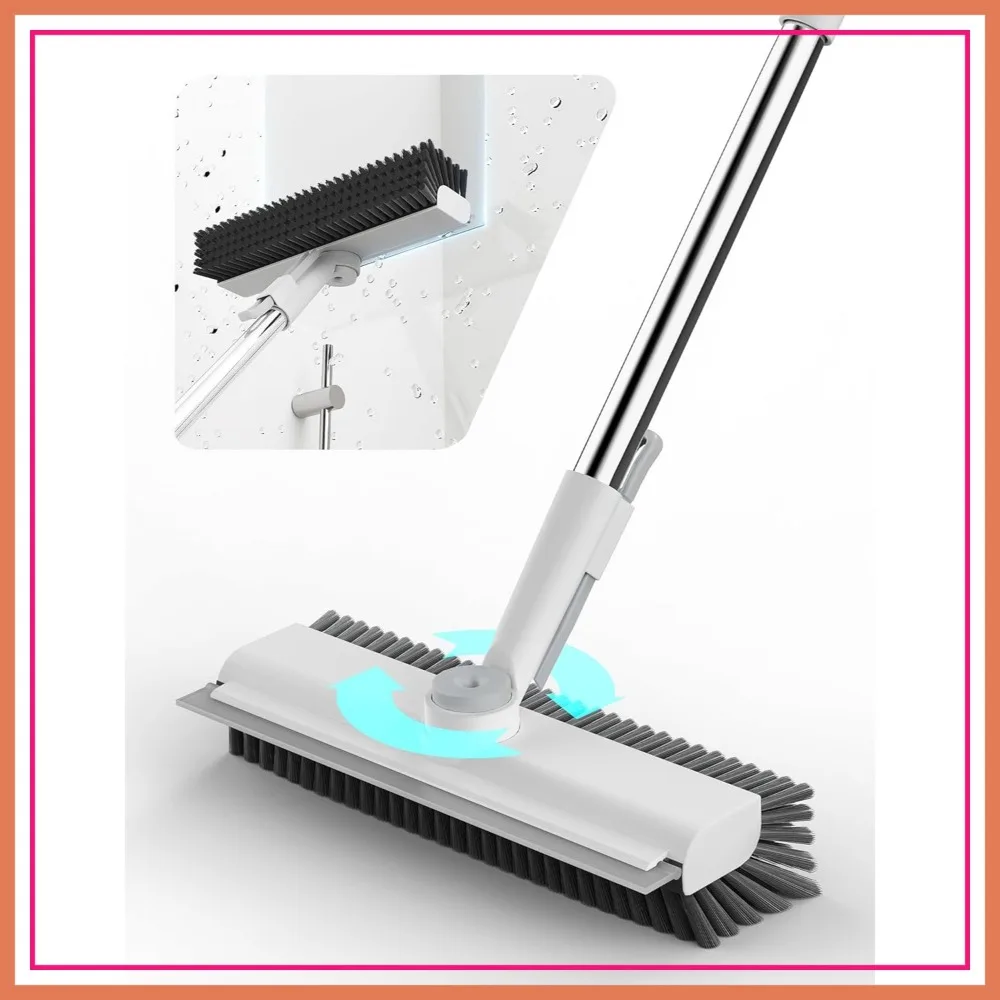 

3 in 1 Floor Scrub Brush with Long Handle, Heavy-Duty Stiff Bristle, Squeegee & Tweezer for Tile, Bathroom, Garage