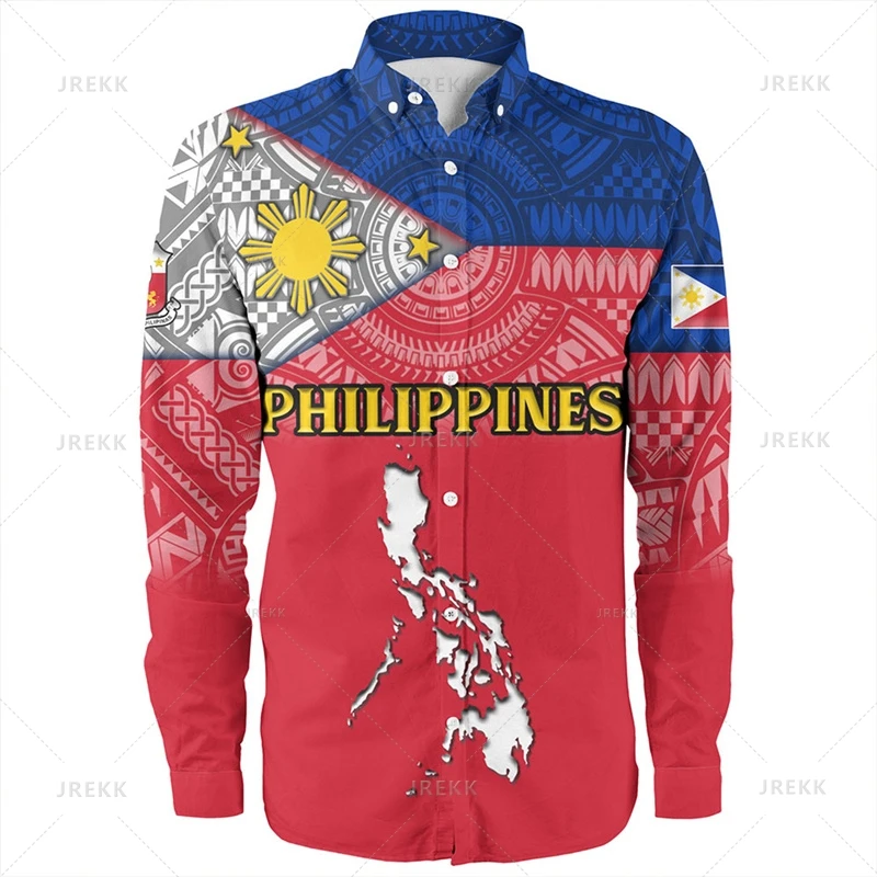 Small Size Harajuku 3D Print Philippines Ethnic Emblem Long Sleeve Shirts Men Philippines Tribal Patterns Graphic Shirts Blouses