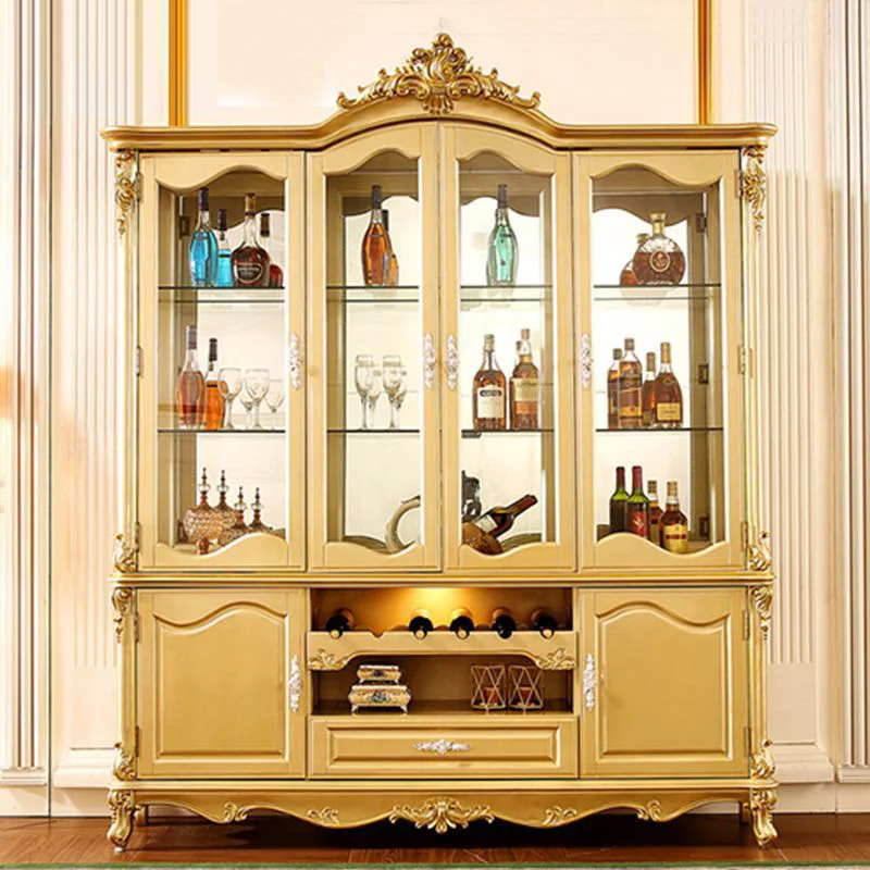 

European-style all-solid wood wine cabinet, living room, home foyer, retro champagne gold luxury four-door glass decorative