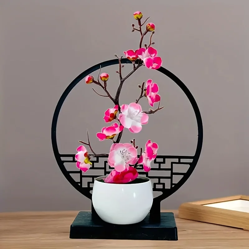 

1set Chinese-Inspired Artificial Plum Blossom Bonsai with Screen Base - Versatile Tabletop Decor for Various Rooms, Ideal for