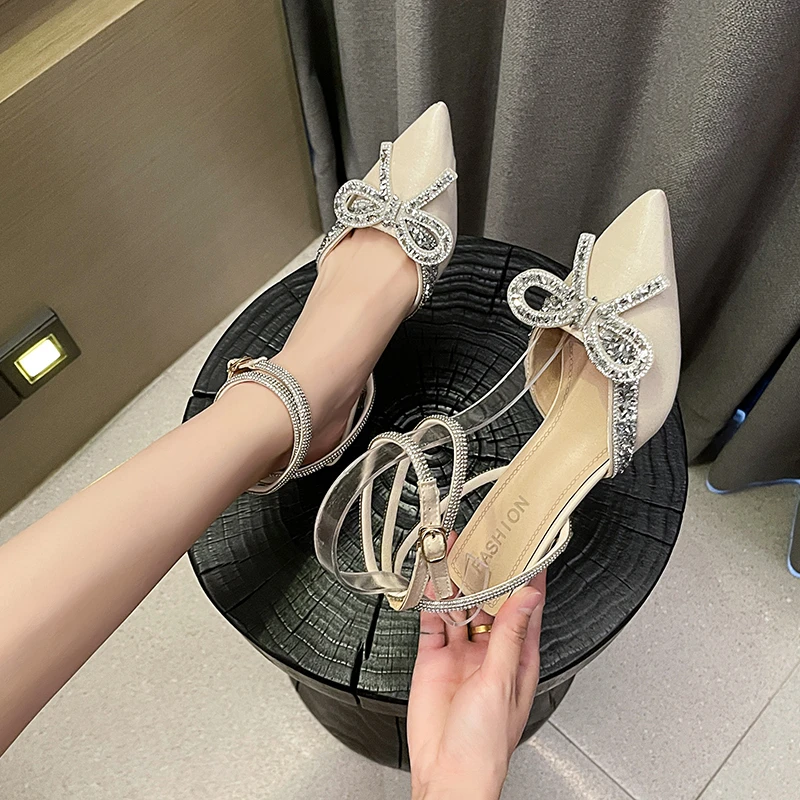 New Women\'s Crystal Sandals Classic Fairy Bow High Heels Summer New Water Diamond Fine Heel Bridesmaid Wedding Shoes