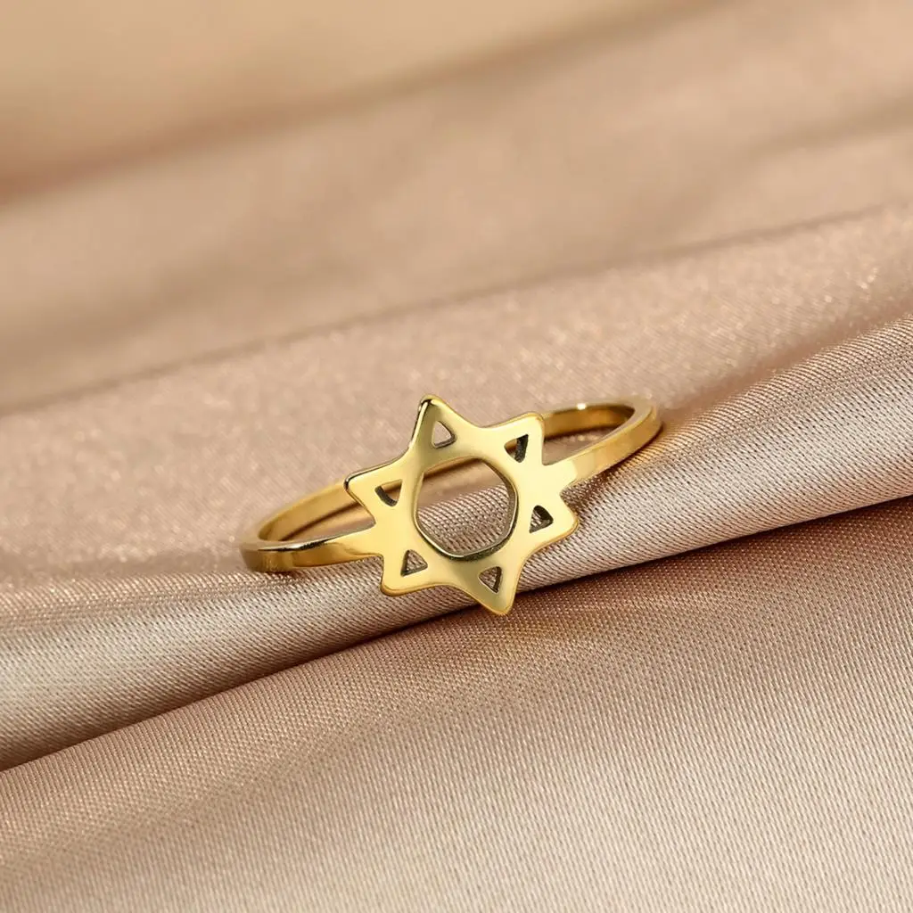 QIMING Pentacle Star Of David Rings Stainless Steel Jewish Symbol Jewelry Women Stackable Ring