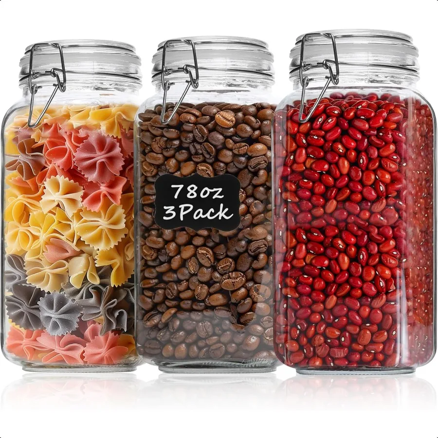 

ComSaf Airtight Glass Canister Set of 3 with Lids 78oz Food Storage Jar Square Storage Container with Clear Preserving Seal Wir