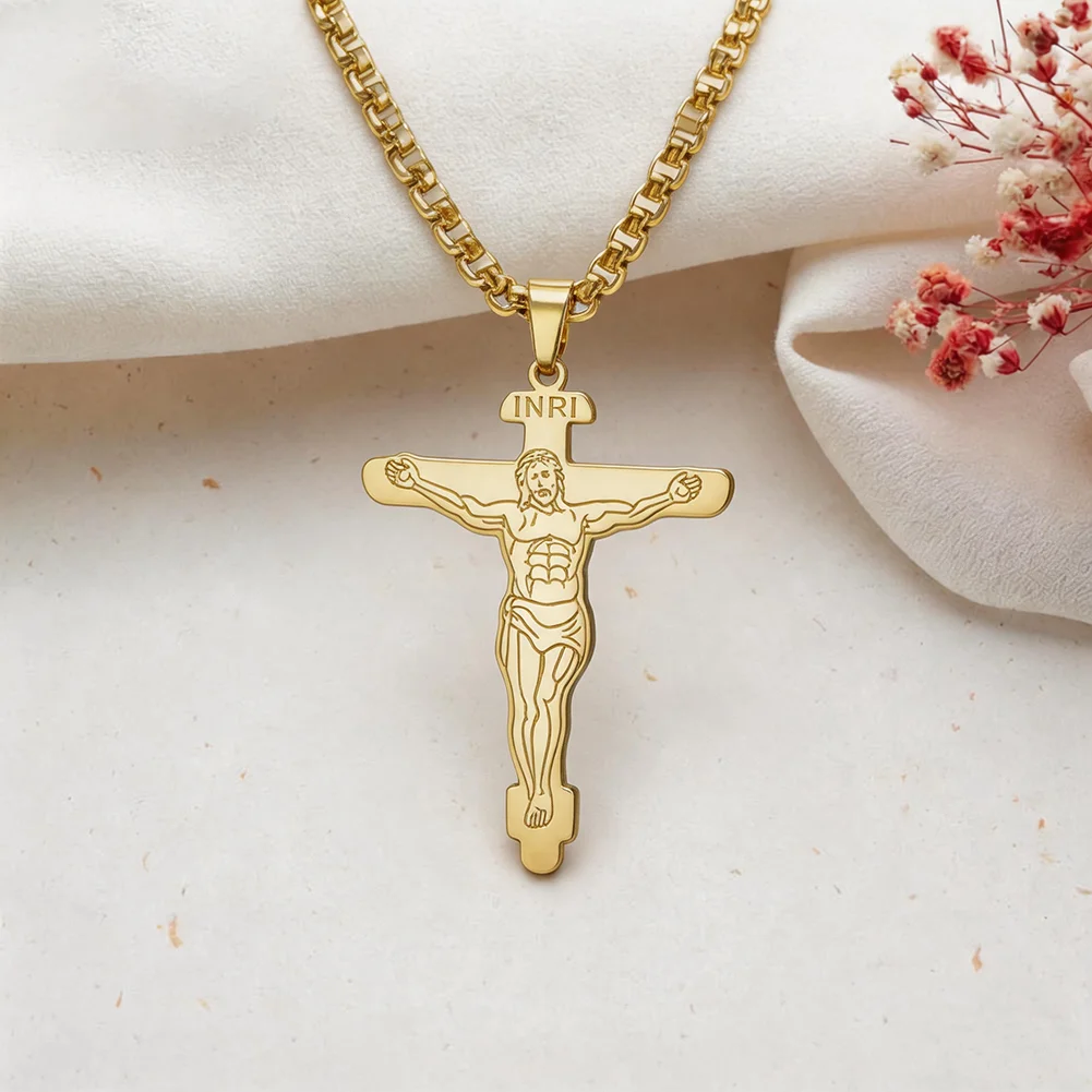 INRI Crucifix Pendant Necklace Jesus Christ Cross Necklace Christian Religious Amulet Jewelry Catholic Faith Jesus for Men Women