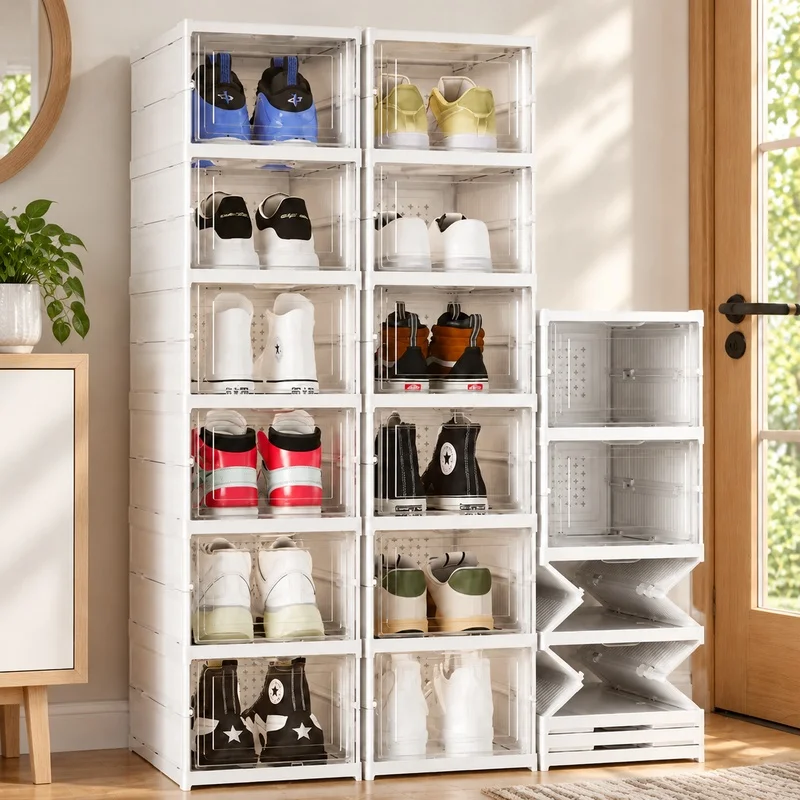 Clear 3-Layer Stackable Shoe Storage Box with Dustproof Foldable Design for Sneaker Organization