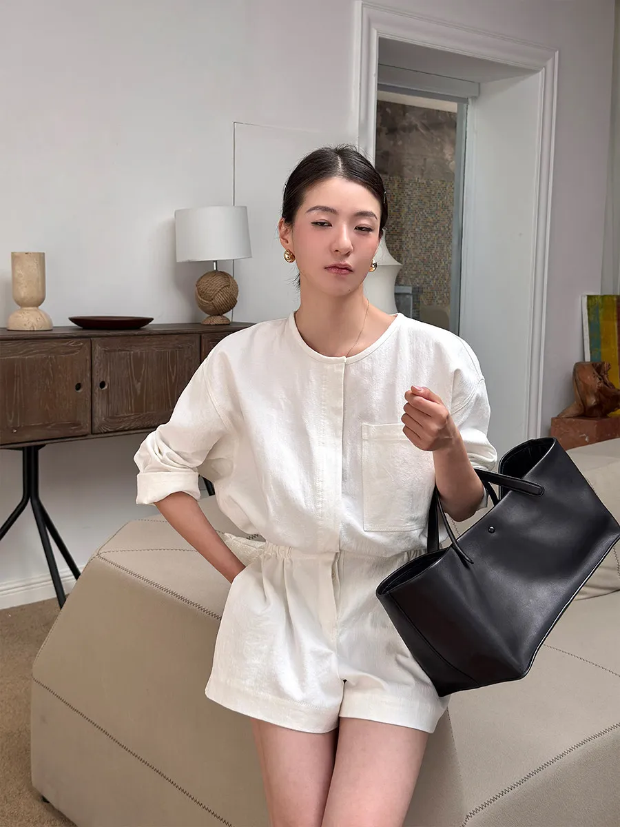 Old Money Linen Short Romper for Women Round Neck Drawstring Waist Vintage White Jumpsuit Shorts Overalls Playsuit Bodysuits
