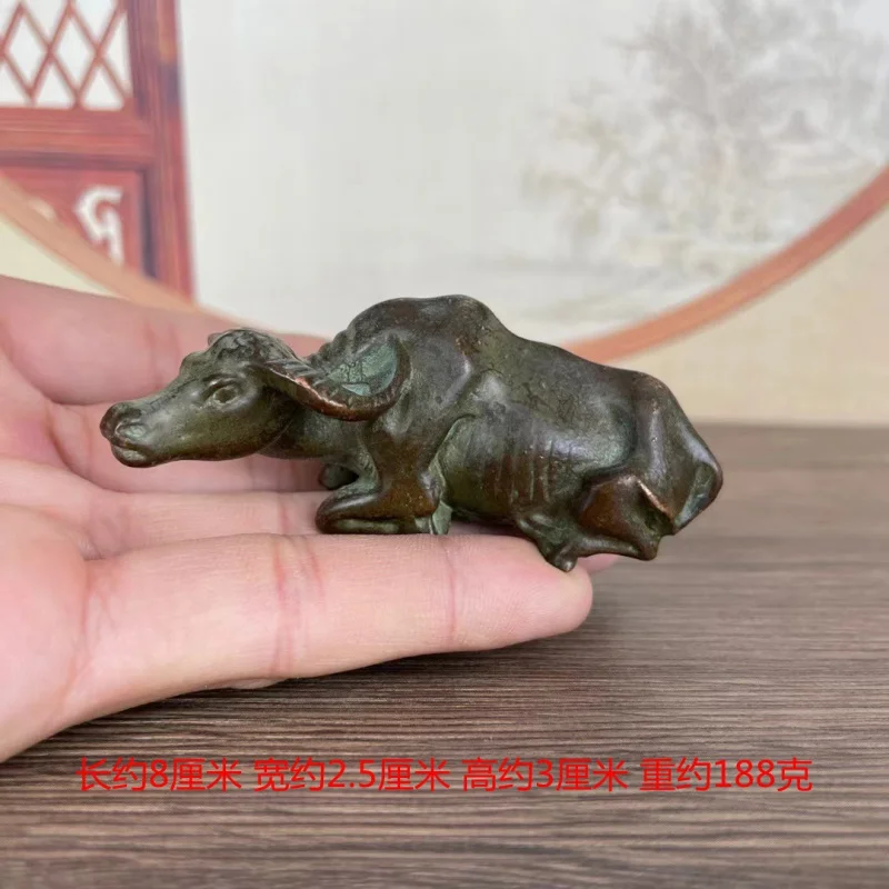 Antique Bronze Solid Copper Ox Figurine, Writing Paperweight, Pen Rest, Tea Ornament, Zodiac Ox Desktop Decoration, Fortune-Turn