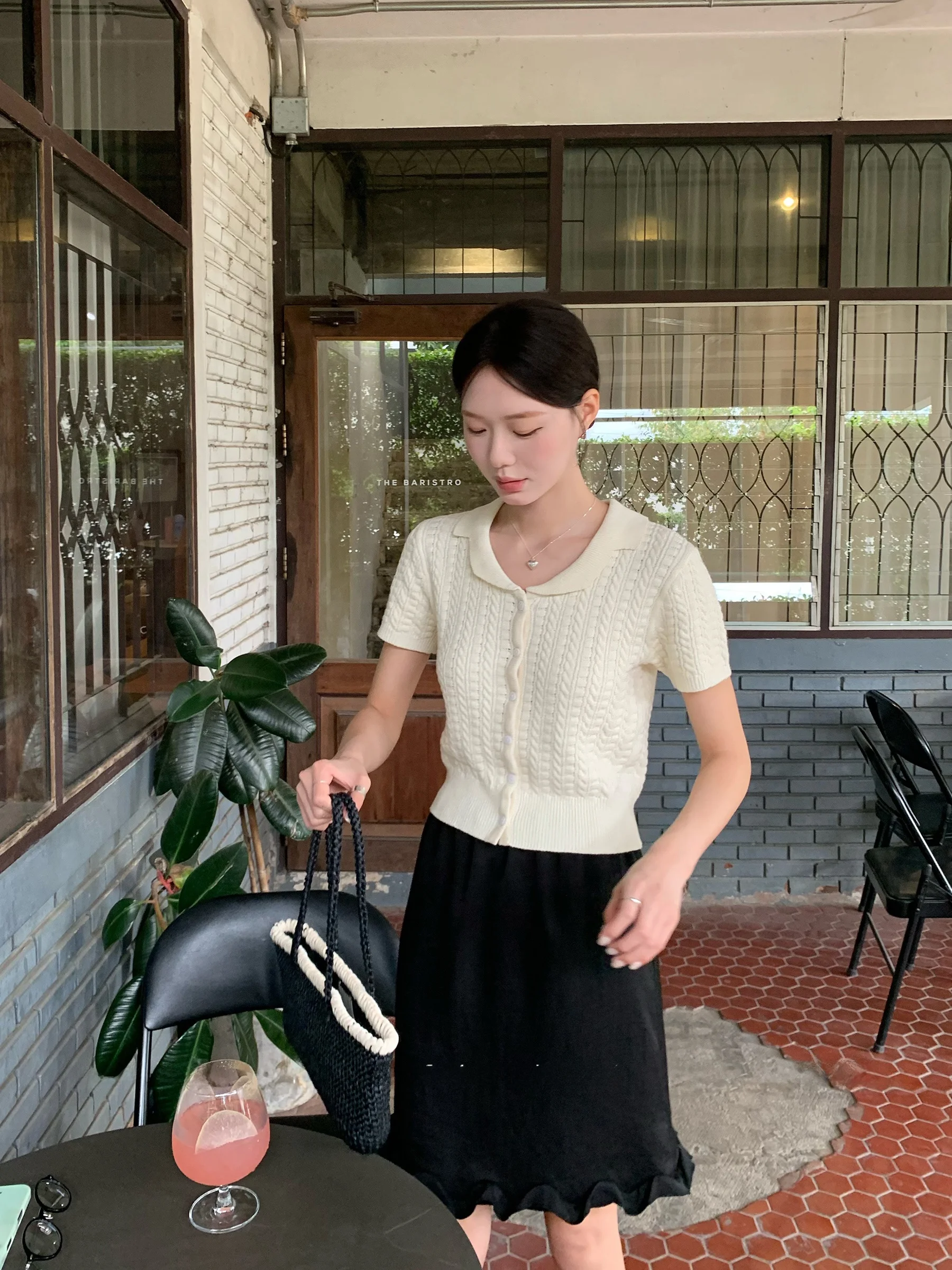 

Pure White Early Spring Korean Sle Knitted ort Sve ell Button Top with Twist Design And Turn-down Collar by DH