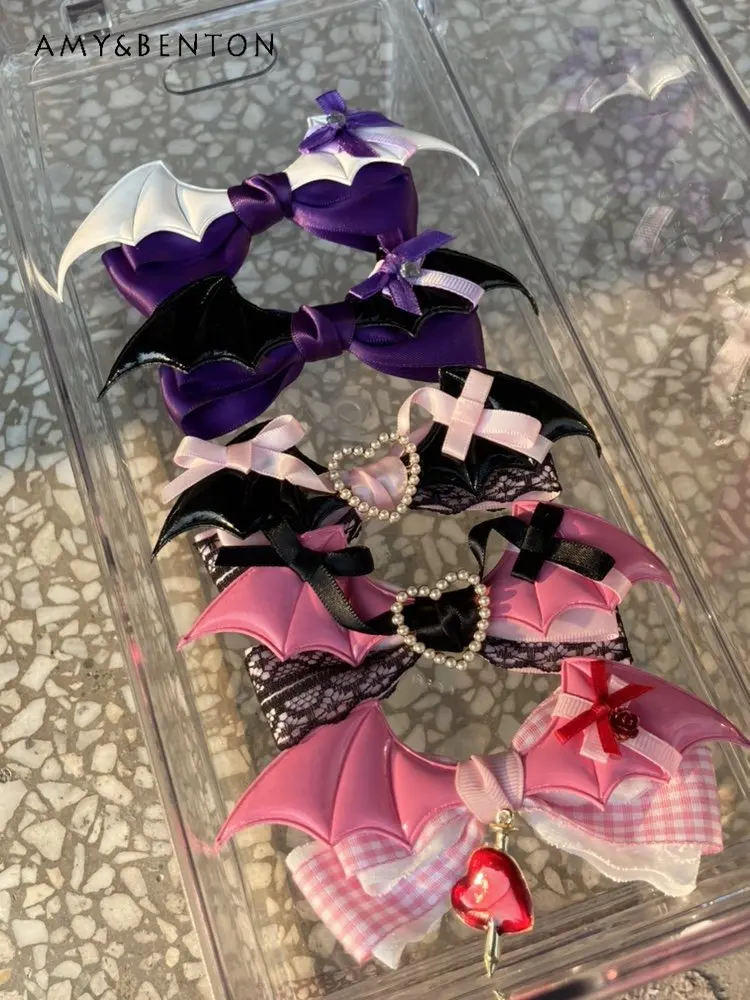 Original Black Pink Lace Bow Wing Side Clip Sweet Girl Hairpin Gothic Style Fashion Sweet and Cute Hair Clips for Women Headwear