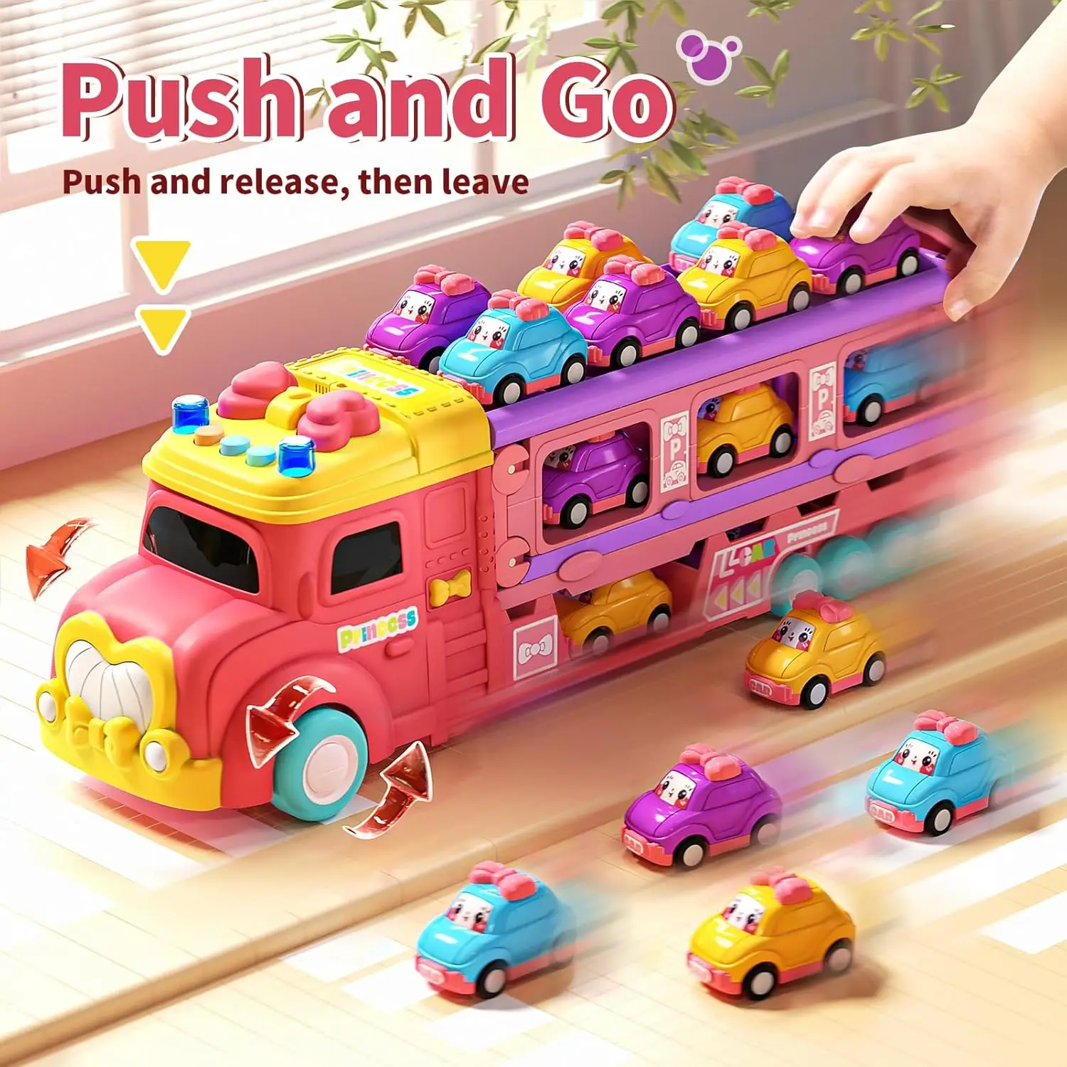 Toddler Toys for Girls Transport Truck Car Toys Ejection Cars Race Track Folding Car Carrier for Kids Christmas Birthday Gifts