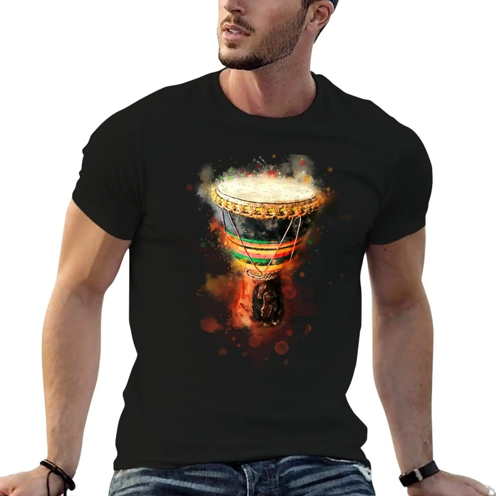 Camiseta The Beat - Djembe African Drum em aquarela colorida, camisetas gráficas para homem, camisetas slim fit para homem