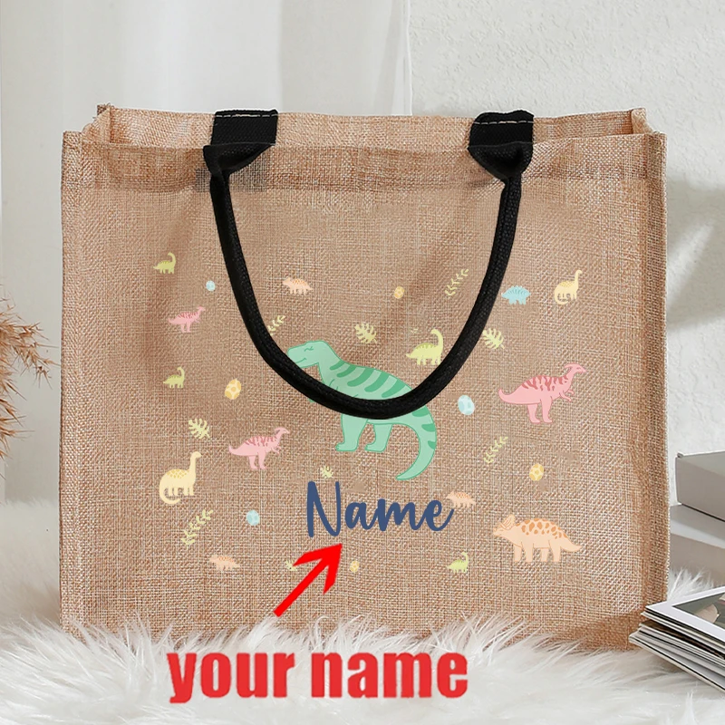 Customizable Name Pastel Dinosaur Vintage Circus Sea Animal Jute Tote Bag, Shopping Handbag For Kids, Children & Friends Gift