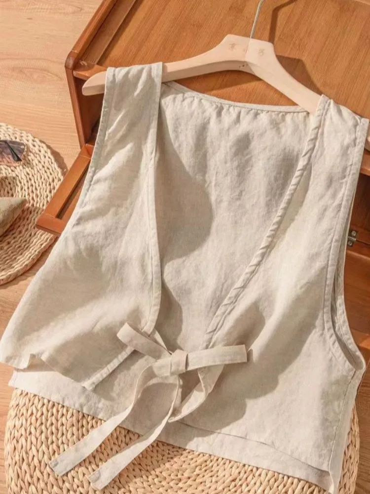 

Повседневный хлопково-льняной жилет без насадок, женский летний однотонный жилет длиной, дизайн Sense Knot Bal Top, верхняя одежда